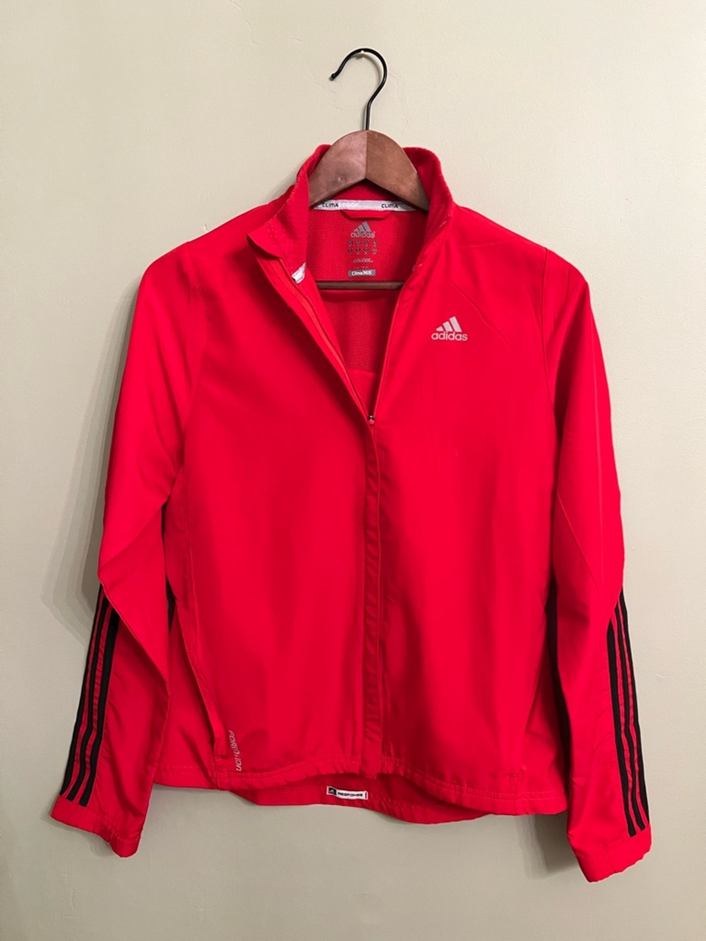 adidas Women's Bright Red Track Jacket with Black Sleeve Stripes